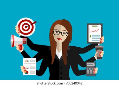 Happy business woman with many hands holding papers, megaphone, target. Multitasking and productivity concept. Vector flat design illustration.