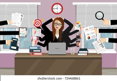 Happy Business Woman With Many Hands. Multitasking And Productivity Concept. Vector Flat Design Illustration.