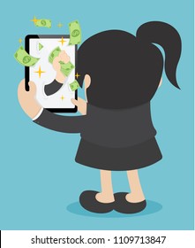 Happy business woman money . make money online
