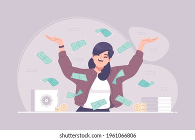 happy business woman in money rain illustration