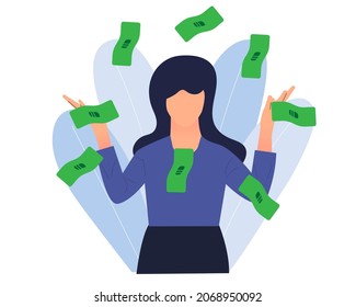 happy business woman money rain made dollars flat illustration. business concept.