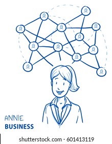 Happy business woman, with network lines and icons, concept for social network team. Hand drawn line art cartoon vector illustration.