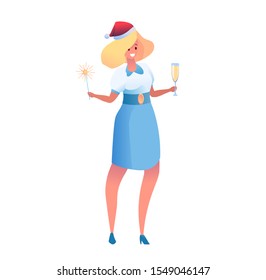 Happy business woman in office suit and santa hat holding champagne glass and sparkler. Cartoon female corporate character celebrating christmas at work. Vector employee in xmas hat.