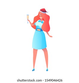 Happy business woman in office suit and santa hat holding champagne glass. Cartoon redhead female corporate character celebrating christmas at work. Vector employee in xmas hat.