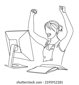 Happy business woman one line. Successful professional and beautiful business women line drawing.Vector art line.
