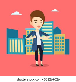 Happy business woman opening her jacket like superhero. Caucasian business woman superhero. Young business woman taking off her jacket like superhero. Vector flat design illustration. Square layout.