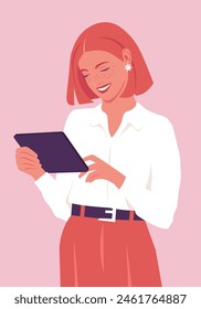 Feliz día de la planificación de la mujer de negocios con tableta. Persona de pie y enviando mensajes. Profesor sonriente usando App de educación. Ilustración plana de Vector