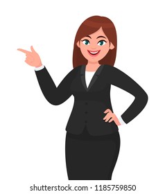 Happy business woman pointing hand 
to copy space away. Business woman presenting or introducing something. Advertisement or product presenting concept concept illustration in vector cartoon style.