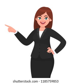 Happy business woman pointing hand 
to copy space away. Business woman presenting or introducing something. Advertisement or product presenting concept concept illustration in vector cartoon style.