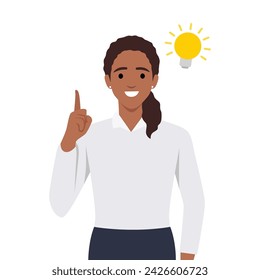 Happy business woman pointing hand up and bright light bulb appearing in the thought bubble. Idea and innovation concept. Flat vector illustration isolated on white background