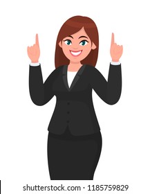 Happy business woman pointing index finger up. Woman raising / lifting hand to upward. Businesswoman concept illustration in vector cartoon style.