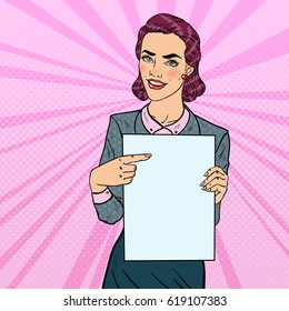 Happy Business Woman Pointing on Blank Paper Sheet Presentation. Pop Art retro vector illustration
