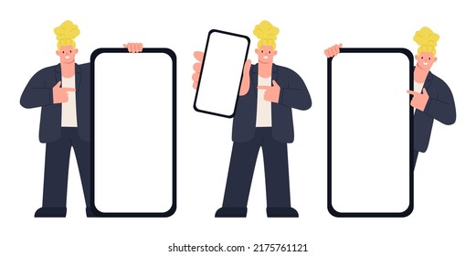 Happy business woman points to the screen of a huge smartphone. Advertising of a mobile app or services, promotion of an application or website. Vector illustration 