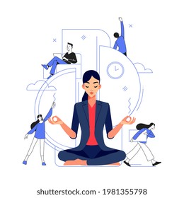 Happy Business woman practicing mindfulness meditation vector modern concept illustration mechanism teamwork. Skill job cooperation coworker person with the business process and teamwork.