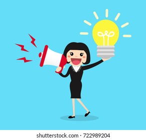 Happy business woman present her ideas by megaphone.Concept business vector illustration.