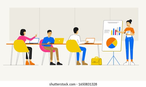 Happy business woman presenting new project to her partners and colleagues. Team leader giving presentation to clients at conference meeting room. Showing graphs and pie charts. Vector illustration.