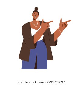 Happy business woman presenting, showing, pointing at smth with fingers. Excited businesswoman, expert advertising with hand gesture. Flat graphic vector illustration isolated on white background