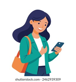 Mujer de negocios feliz leyendo un mensaje de texto en su teléfono mientras viaja al trabajo, Ilustración vectorial plana