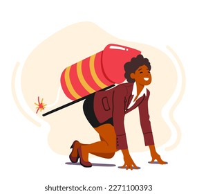 Happy Business Woman Ready for Career Boost with Petard on Back with Burning Fuse. Concept of Goal Achievement, Character Reach New Level of Development, Working Success. Cartoon Vector Illustration