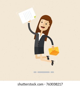 Happy Business Woman Receives Letter And Jumping. Job Offer Concept. Vector, Illustration, Flat