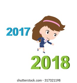 Happy business woman running from 2017 to 2018, new year success concept, vector