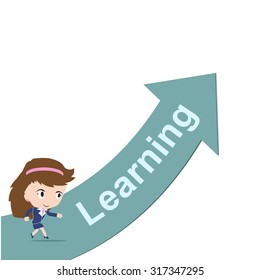 Happy business woman running on green arrow with word Learning, road to success concept, presented in vector form