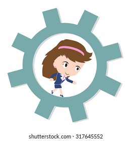 Happy business woman running on gear, business working concept