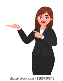 Happy business woman showing hand 
to copy space away. Business woman presenting or introducing something. Advertisement or product presenting concept concept illustration in vector cartoon style.