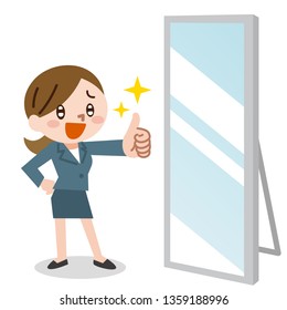 happy business woman shows thumb up and mirror
