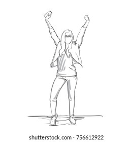 Happy Business Woman Sketch Holding Hands Up Businesswoman Success Concept Full Length On White Background Vector Illustration