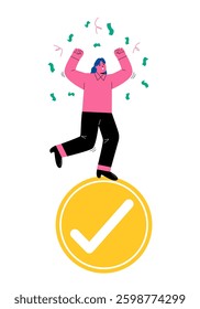 Happy business woman standing celebrate on completed checkmark after finish. Complete task concept. Flat vector illustration isolated on white background
