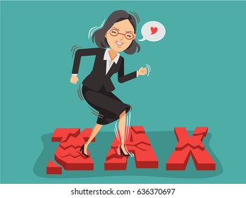 Happy business woman stepped on the broken tax font. Tax rate reduction ideas. Vector illustration isolated on blue background