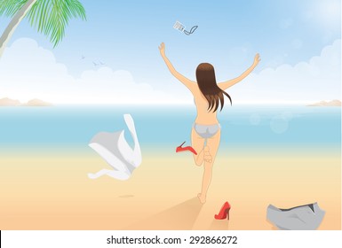 Happy business woman take clothes off and run on beach for relaxation