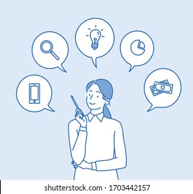 Happy business woman, woman talking about their expertise and ideas with icons in speech bubbles. Hand drawn style vector design illustrations.