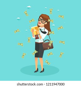 Happy business woman under money rain with Golden Trophy Cup. Employee benefits concept. Vector illustration