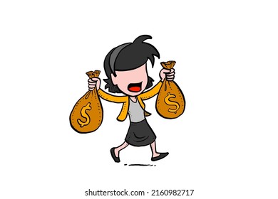 Happy business woman walking while holding bags of money. Drawing vector illustration design.