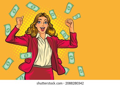 happy business woman with winner of money Finance profit  Pop Art Comic Style