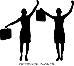 Happy business woman - winner or worker with hands raised with briefcase up. The concept of success and victory in business. Business concept. Set of vector silhouettes