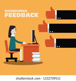 Happy business woman working in office at computer. Business woman feedback. Likes and positive feedback concept. Satisfied boss with thumb up