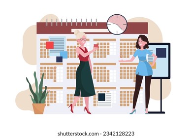 Happy business women making to do list vector illustration. Assistants marking plans on calendar, planning work and chores for week or month. Time management, productivity concept
