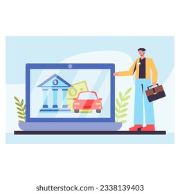 Happy business worker with briefcase standing near laptop, and looking at loan service. Car loan service via modern laptop concept. Bank-provided funding for credit and loan. Flat vector illustration