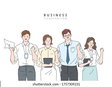 Happy Business workers, vector line illustration concept.
