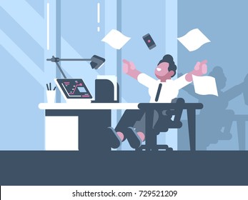 Happy businessman about successful business deal in office. Vector illustration