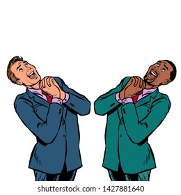 happy businessman African and Caucasian, joyful emotions. Pop art retro vector illustration vintage kitsch