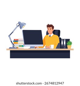 Happy businessman analyzing data charts on computer, office workspace, vector illustration, productivity, business analytics, modern flat design, professional, digital interface.
