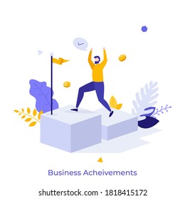 Happy businessman ascending stairs and celebrating financial success. Concept of business achievement, achieved goal, successful entrepreneur. Modern flat colorful vector illustration for banner.