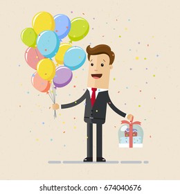 Happy businessman with balloons and cake in hand. Vector illustration, flat