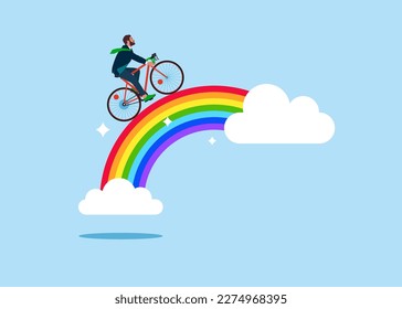 Herzlichen Glückwunsch Geschäftsmann mit Fahrrad fährt auf buntem Regenbogen am Himmel. Inspiration zum Erfolg, Fantasie und Kreativität zu schaffen, Hoffnung und glänzende Zukunft, positives Denken, um Chancen zu finden.