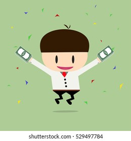 Happy businessman with big bonus. Profit, bonus, income. Vector, illustration, flat