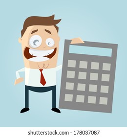 happy businessman with big calculator